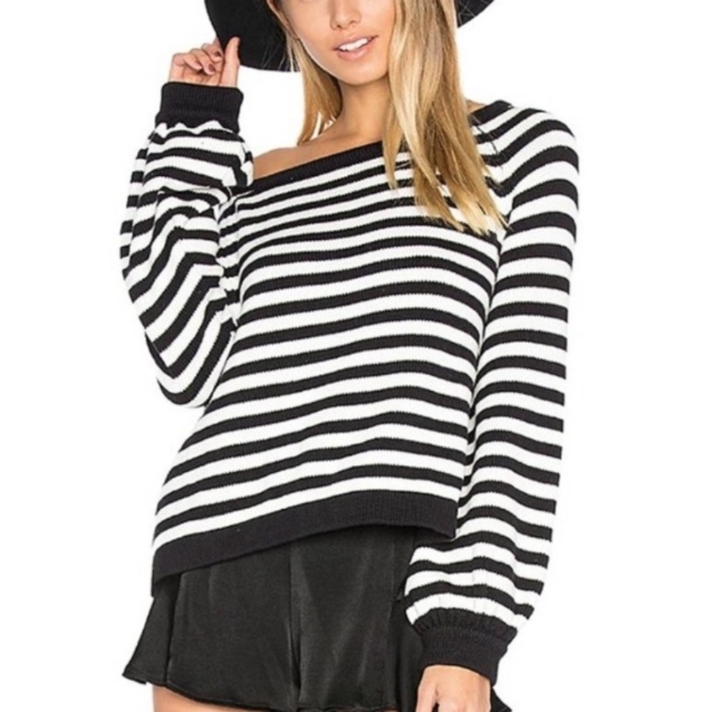 For Love & Lemons Knitz Clemence Striped Bell Sleeve Cotton Sweater black cream